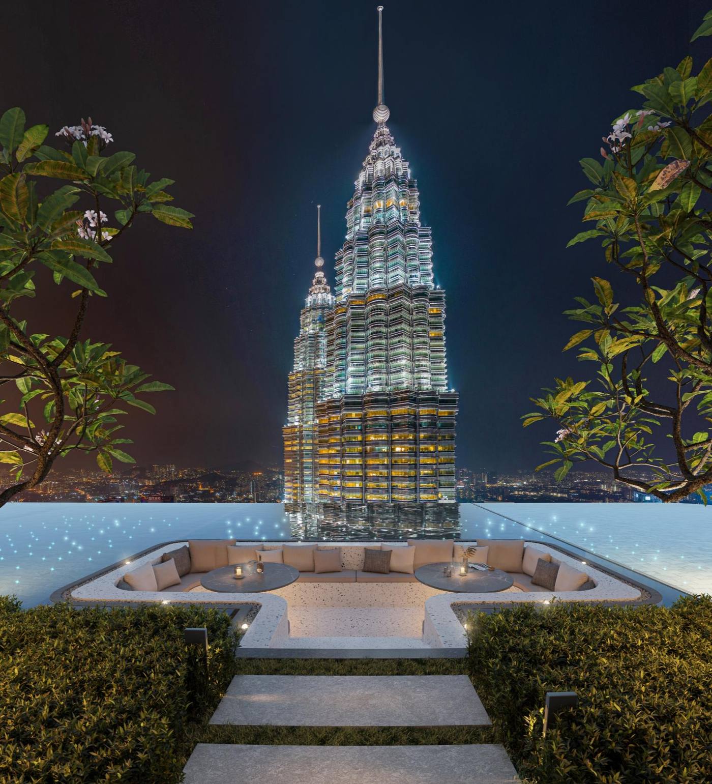 Floating Lounge overlooking Twin Towers at night
